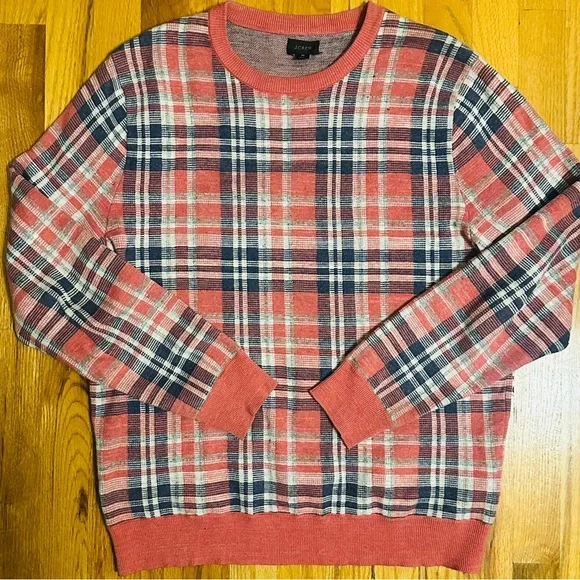 J. Crew Mens Medium Cotton Crewneck Sweater in Orange Summer Plaid - Picture 2 of 7